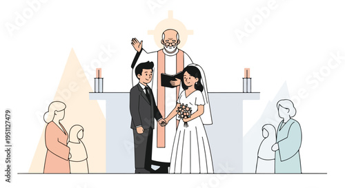 Couple getting married at the altar with guests watching