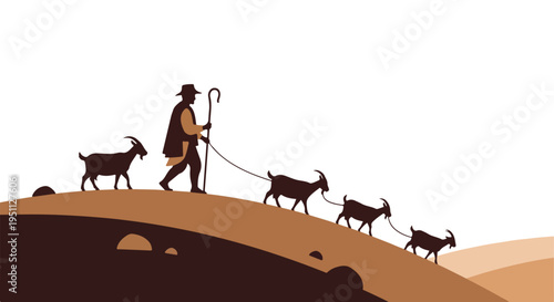 A shepherd guides a line of goats across a desolate, hilly terrain