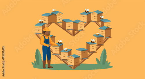 Beekeeping in heart-shaped hive arrangement with a farmer