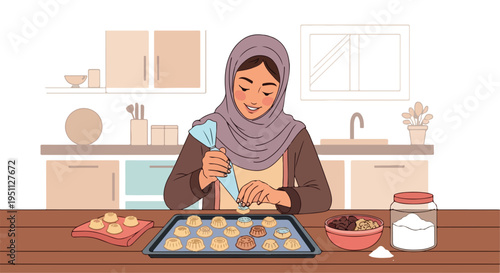 A woman in a hijab decorates cookies in a kitchen