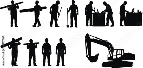 Construction worker silhouette set with builders carrying pipes, using tools and excavator machinery, representing teamwork, manual labor, industrial construction and civil engineering work
