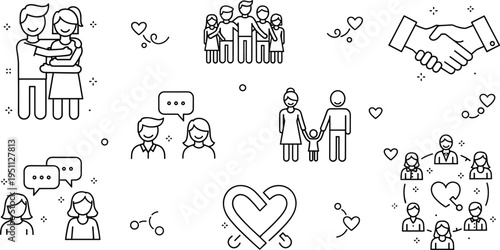Family relationships and social connection line icons vector set with love partnership communication community and support outline illustrations