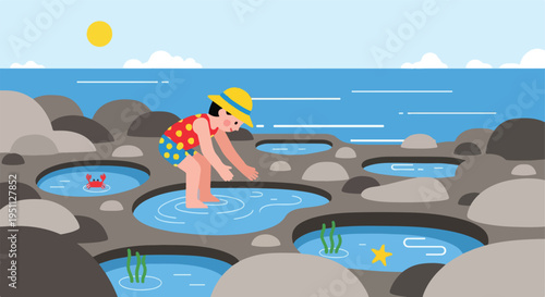 Child explores tide pools with crab, starfish and seaweed