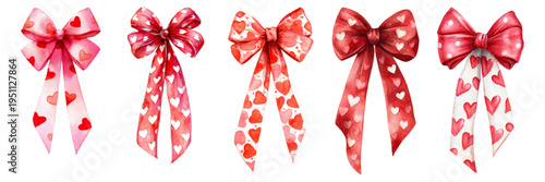 Watercolor heart bows collection presenting various decorative elements with red and pink ribbons, symbolizing love and romance for holidays and special occasions