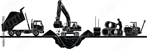 Silhouette construction scene with dump truck, excavator and workers installing underground pipes, heavy machinery operating at infrastructure construction and civil engineering site