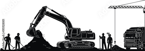 Silhouette construction site with excavator loading soil, workers digging, tower crane and dump truck illustrating heavy equipment teamwork, infrastructure development and industrial building process