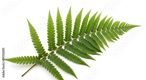 Single vibrant green fern leaf isolated on a pure white background showing detailed pinnate structure and organic botanical texture patterns