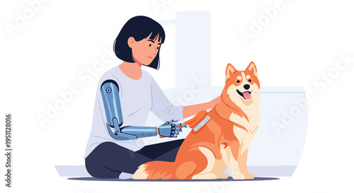 Person with robotic arm grooms a happy dog
