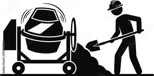 Silhouette construction worker using shovel beside concrete mixer machine at building site, illustrating cement mixing process, manual labor, civil engineering and construction equipment operation