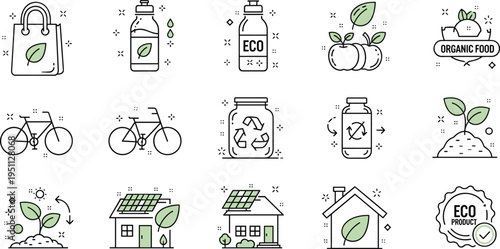 Eco friendly sustainability icons vector set with organic food recycling solar house bicycle and green lifestyle line illustrations
