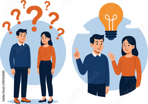 People having questions and finding creative solutions, business brainstorming with lightbulb idea, problem solving, teamwork, innovation, and smart collaboration concept vector illustration