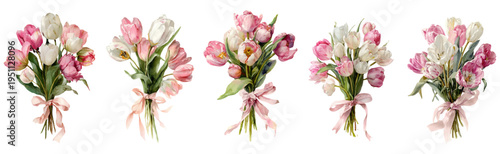 Watercolor painting depicting five charming bouquets of pink and white tulips, each bunch tied with a graceful pink ribbon, illustrating springtime beauty and floral elegance