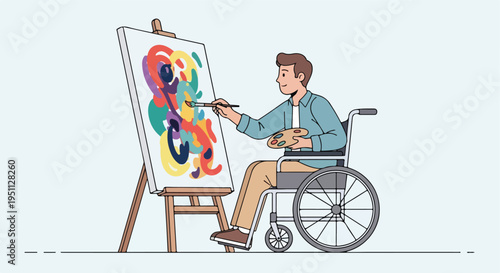 Man in wheelchair painting on canvas with colorful abstract art