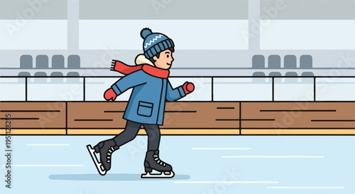 Cheerful person wearing winter attire glides across an ice rink with stadium seating in background