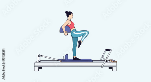A person in athletic wear performs a leg raise exercise on a Pilates reformer machine