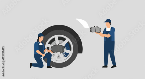 Two mechanics work on a car's brake system, one replacing brake pads, the other holding new ones