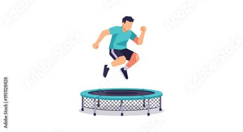 Athletic figure mid-air jump over trampoline with safety net