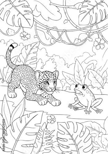 A leopard cub sneaks up on a frog coloring page.