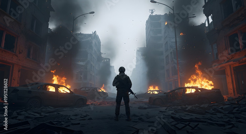A soldier stands amidst a desolate, war-torn cityscape with burning vehicles