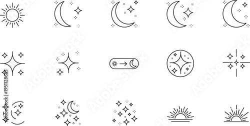 Sun moon and sparkle line icons vector set with celestial night sky symbols stars sunset and magic glow outline illustrations