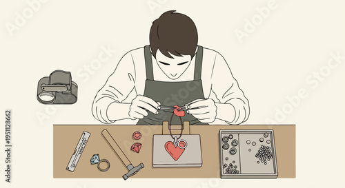 Artisan meticulously crafts jewelry at a workbench with tools and gemstones