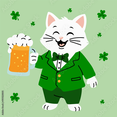 Funny Cat Drinking Beer Irish Holiday Cartoon