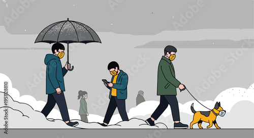 People wearing masks walk in snowy weather with an umbrella and a dog
