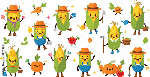 Cute corn farmer characters vector set with vegetables, gardening tools, harvest activities and funny farm mascots in colorful cartoon illustration style for kids design
