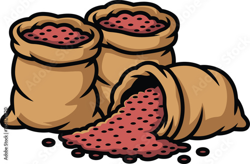 Detailed vector graphic of three traditional jute sacks, two filled, one spilling abundant red