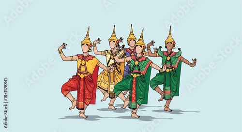 Six dancers in traditional ornate costumes and headdresses perform