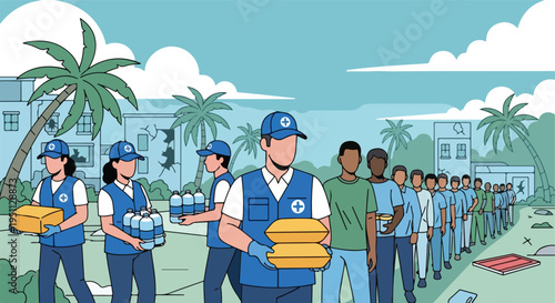 Volunteers distribute aid to a line of people amidst damaged buildings and palm trees