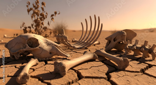 Animal bones scattered across a dry desert landscape at sunset