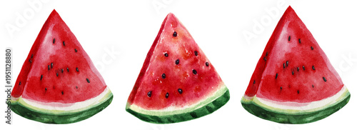 Watercolor watermelon slices creating a refreshing summer food pattern. Sweet fruit artwork. Healthy eating. Fresh natural snack. Vibrant red and green colors