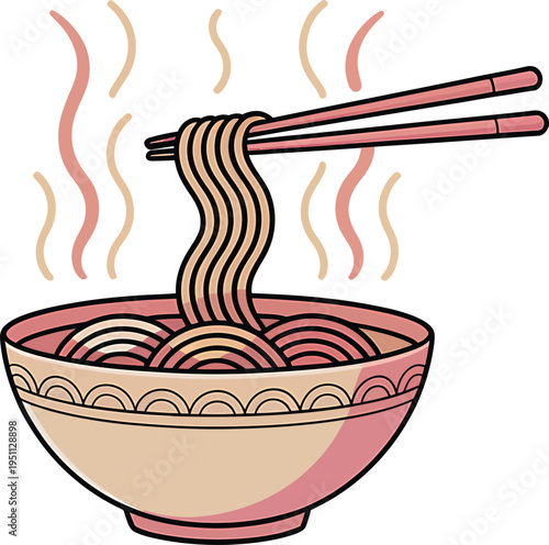Hot Bowl of Ramen Noodles Illustration with Rising Steam and Pair of Chopsticks Vector Graphic