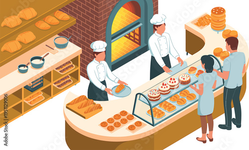 Isometric illustration of a busy bakery with bakers serving customers at the counter and shelve