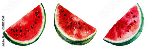 Watermelon slices watercolor illustration creating a refreshing summer food art, depicting healthy fruit sections with red flesh and green rind on white background