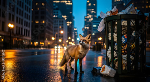 A curious fox stands beside a trash can in a city at night