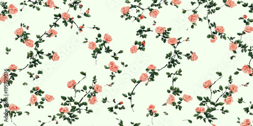 Seamless blooming roses and green foliage forming a delicate watercolor floral pattern, offering a soft and romantic decorative background for various design projects
