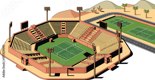 Isometric Pixel Art Tennis Stadium Illustration Featuring Grandstands, Side Court and Lighting