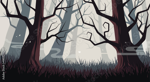 Eerie forest scene with bare trees, mist, and glowing eyes in the undergrowth