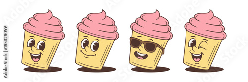 Set of cool cartoon cupcake character emotions mascot vector illustration. Retro comic food personages for branding. Happy, winking, smiling and sunglasses faces. Isolated sticker design elements