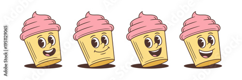 Set of cheerful cartoon cupcake character emotions mascot vector illustration. Retro comic food personages for branding. Positive smiling faces collection. Isolated sticker design elements
