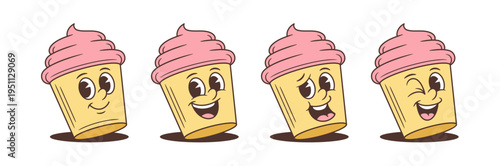 Set of playful cartoon cupcake character emotions mascot vector illustration. Retro comic food personages for branding. Smiling, happy, shy and winking faces. Isolated sticker design elements