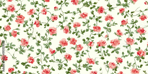 Scattered pink rose buds and green foliage form a charming, hand painted watercolor style seamless pattern, ideal for fabric, wallpaper, greeting cards, and scrapbooking designs
