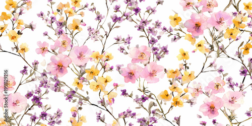 Watercolor floral seamless pattern with delicate blooming pink, purple, and yellow flowers on intertwining branches, creating a gentle botanical background texture