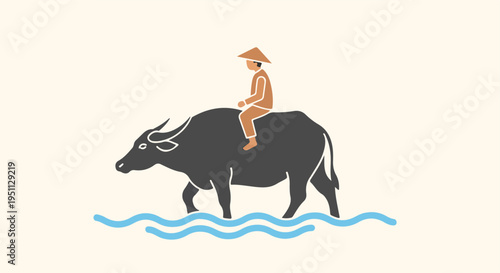 A person in a conical hat rides a water buffalo through wavy blue water