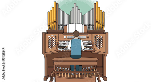 Person playing a large, ornate pipe organ with many keyboards and stops