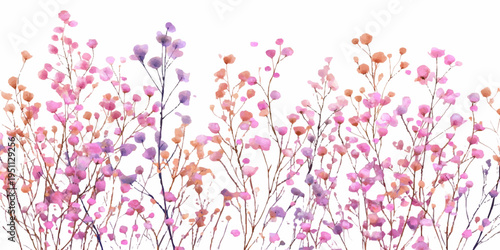 Watercolor floral field pattern with delicate pink, purple, and orange blossoming flowers creating a vibrant garden meadow border on a clear white background