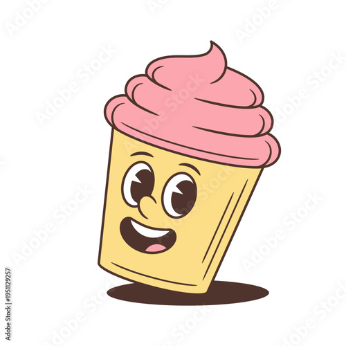 Happy cartoon cupcake character mascot vector illustration. Cheerful dessert with a joyful expression. Retro comic food personage for bakery or sweet shop branding. Isolated smiling sticker design