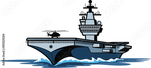 Modern military aircraft carrier warship sailing on blue ocean waves vector illustration design
